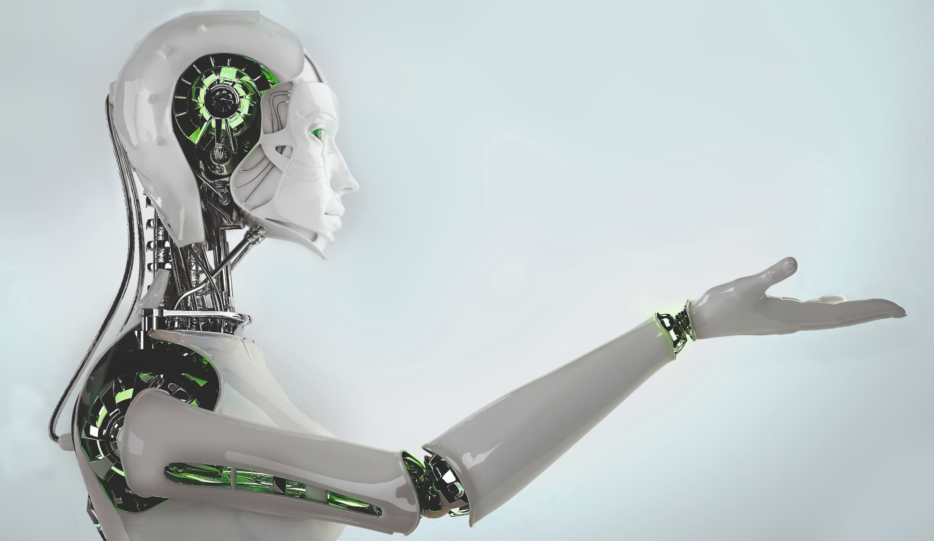 Humanoider Roboter mit ausgestreckter Hand vor hellem Hintergrund